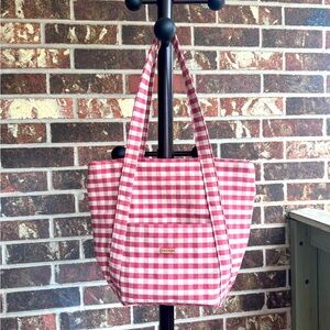 Handmade Tote Bag Minimalist Shoulder Hobo Purse Red Gingham Canvas